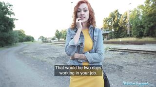 Public Agent Sexy redhead waitress sucks cock and gets fucked doggystyle outside in public